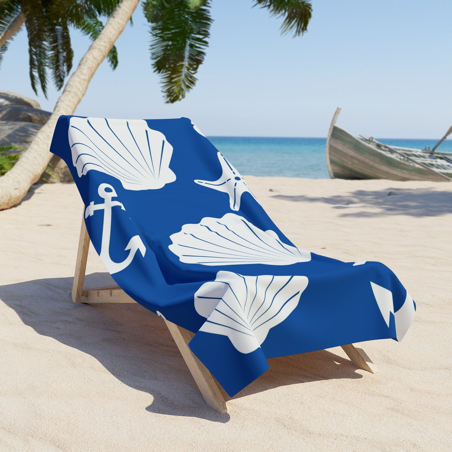 Blue and White Anchors and Shells Beach Towel