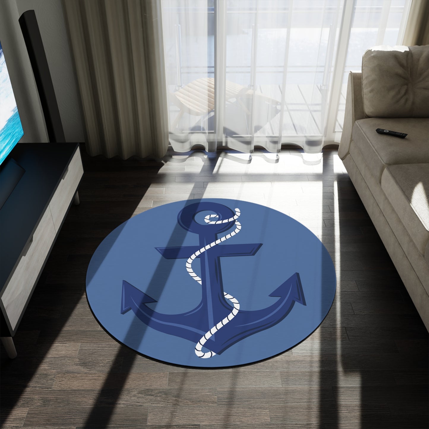 Nautical Blue Anchor Round Area Indoor Rug