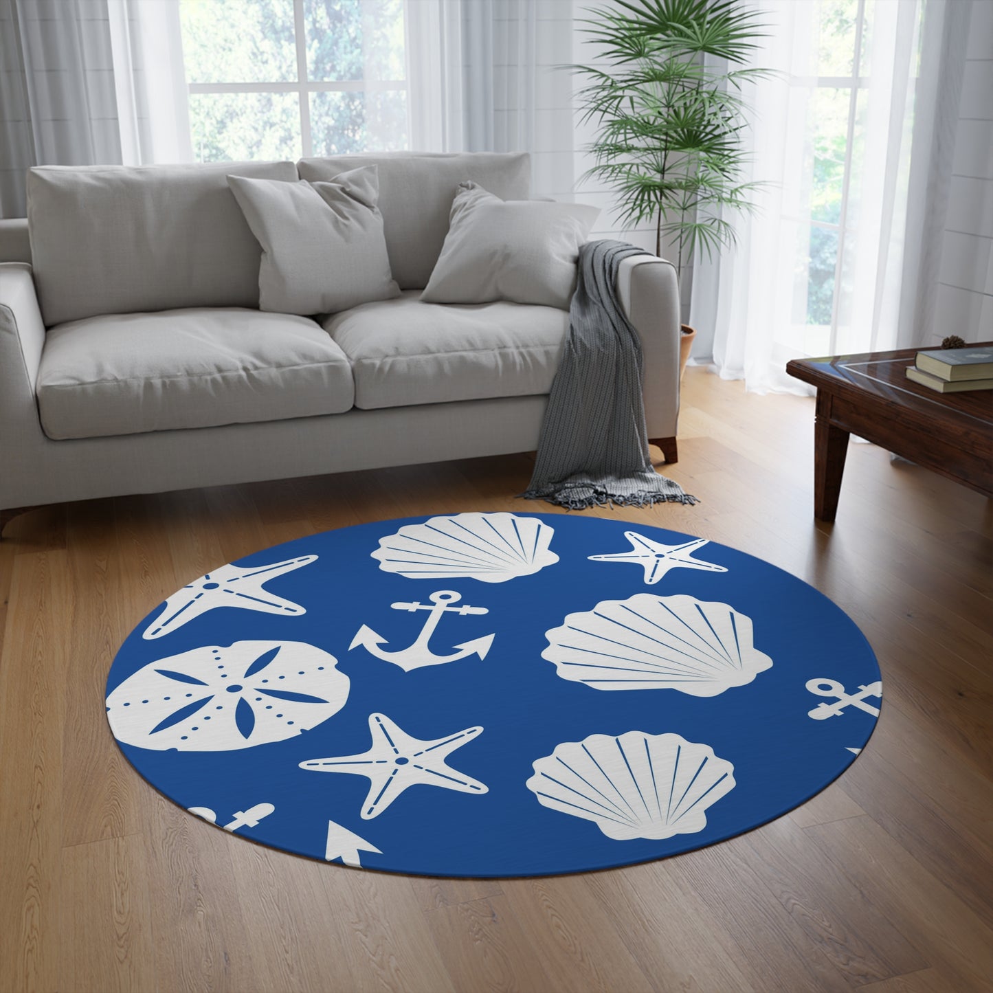 Blue and White Anchors and Shells Round Rug