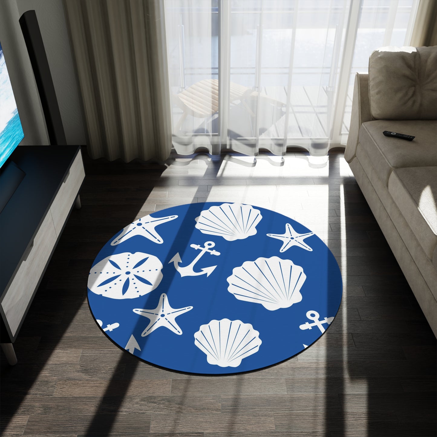 Blue and White Anchors and Shells Round Rug