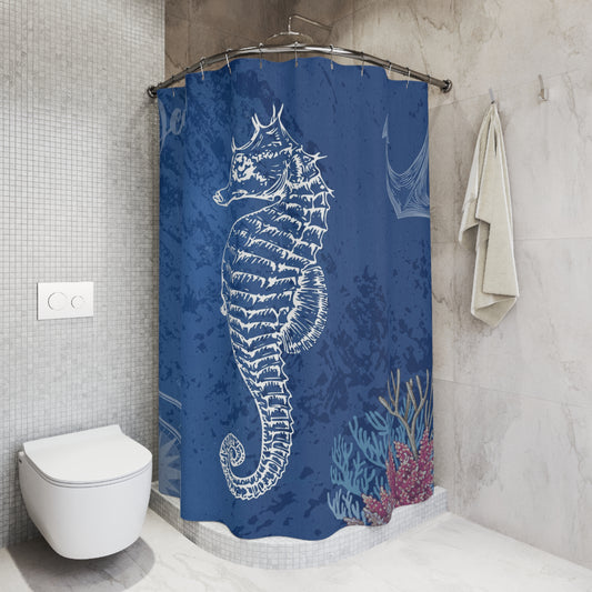 Dark Blue Seahorse Polyester Shower Curtain