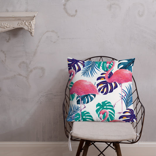 Flamingo's and Blue Monstera Leaves Premium Pillow