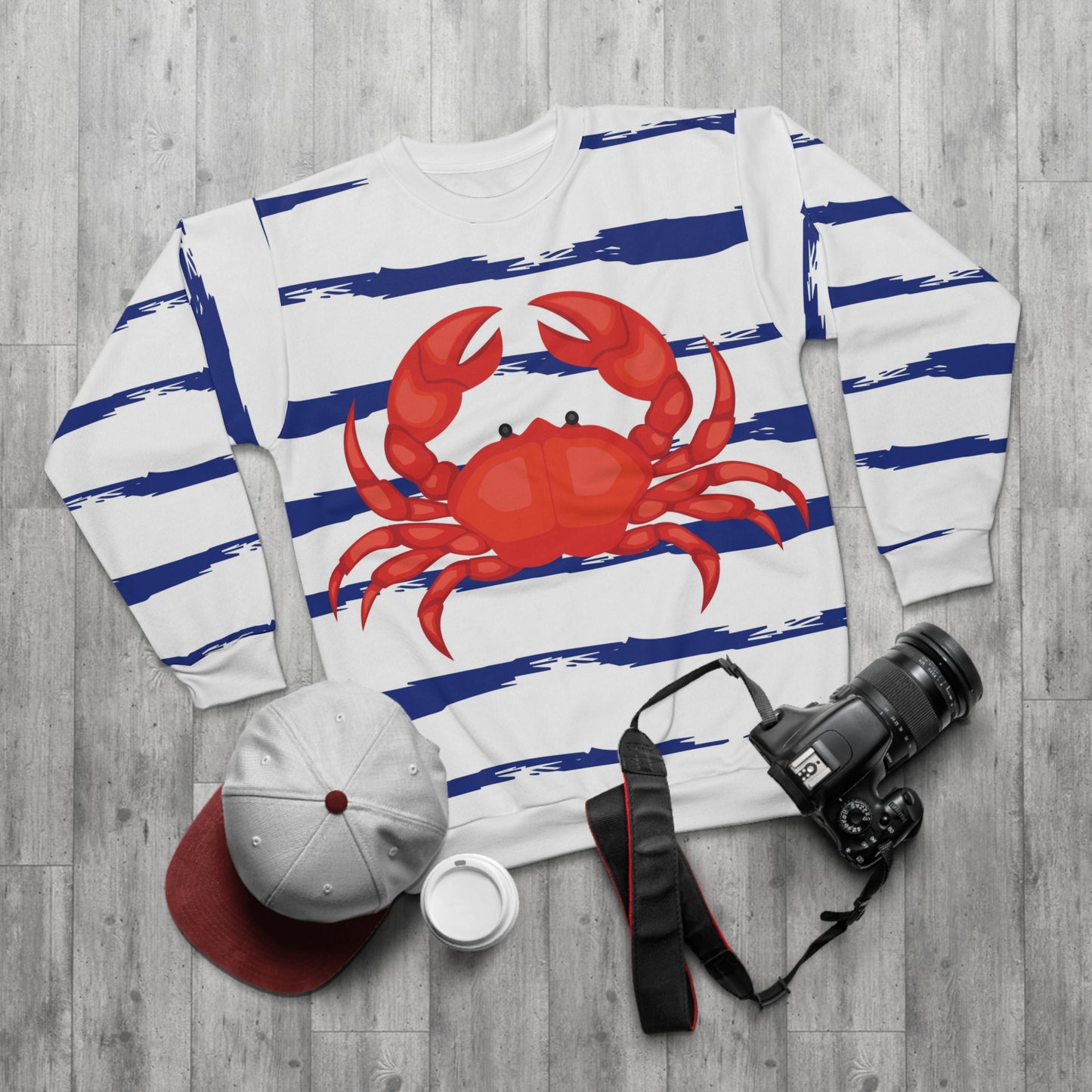 Blue & White Striped Red Crab Unisex Sweatshirt